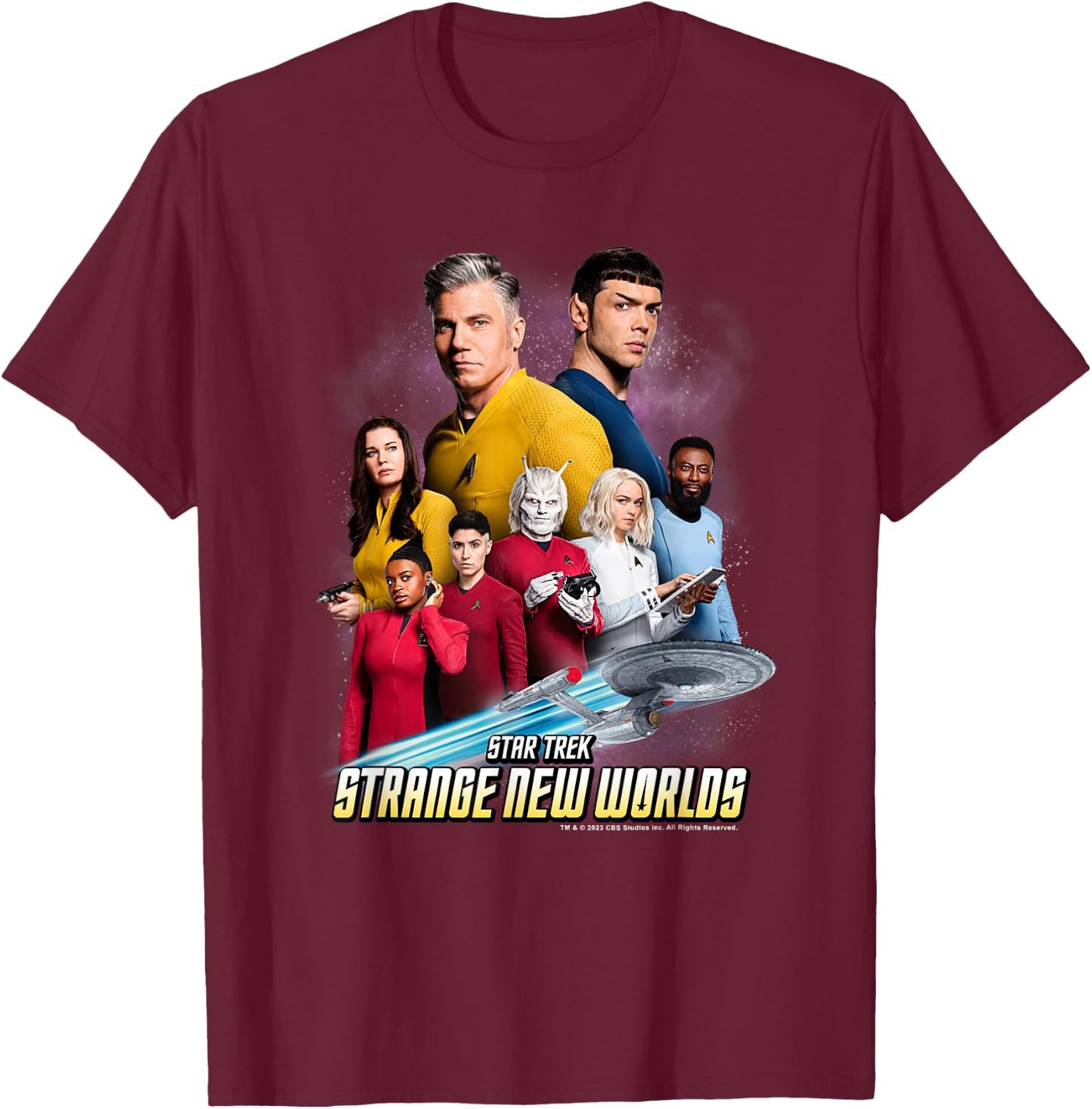 Star Trek Strange New Worlds Crew Pike Spock Uhura Ortegas T-Shirt - T-Shirt | Maroon