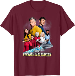 Star Trek Strange New Worlds Crew Pike Spock Uhura Ortegas T-Shirt - T-Shirt | Maroon