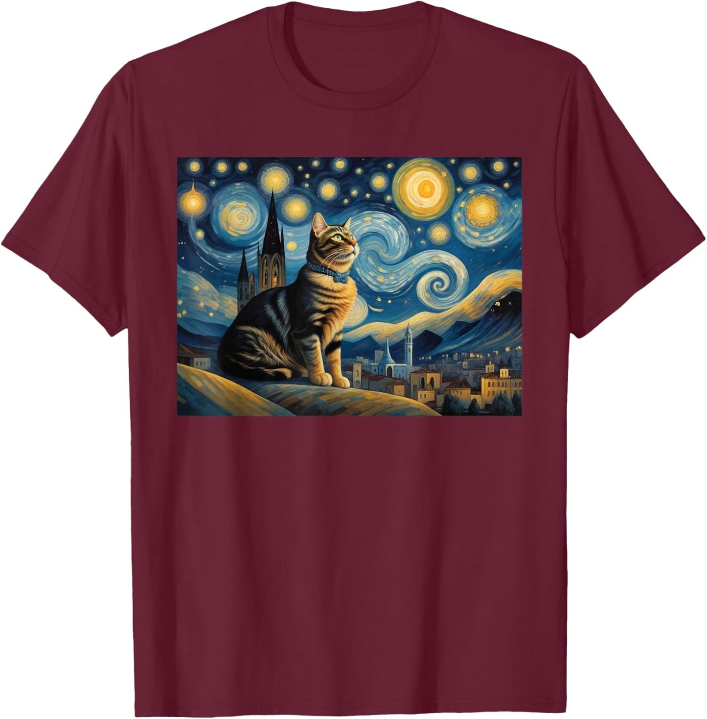 cute cat Painting art Starry Night kitty kitten Van Gogh T-Shirt - T-Shirt | Maroon