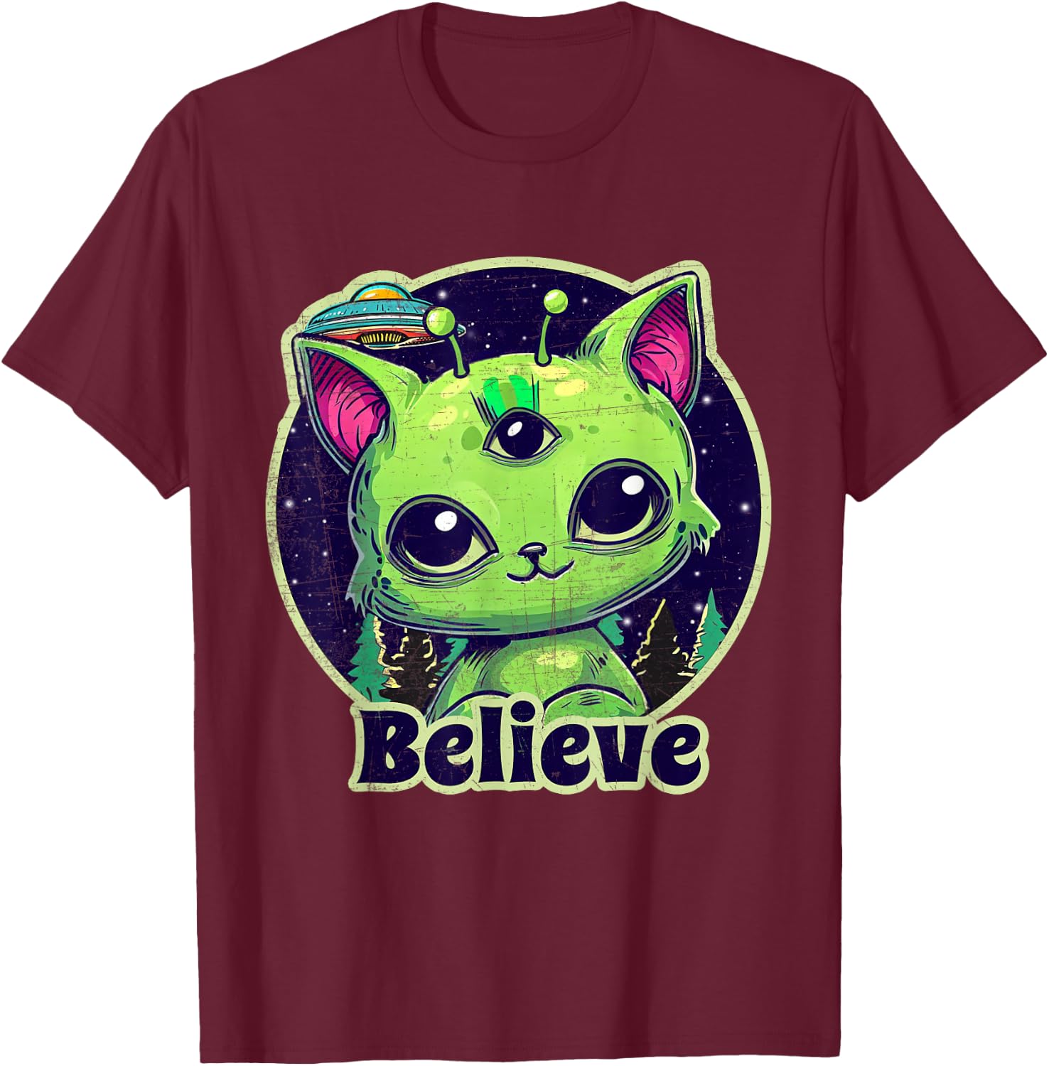 Cute Alien Cat Belive in UFO Kawaii T-Shirt - T-Shirt | Maroon