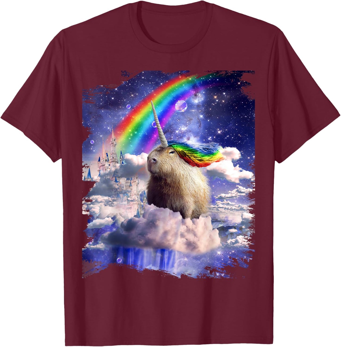 Capybaricorn Capybara Unicorn In Clouds Space Rainbow T-Shirt - T-Shirt | Maroon