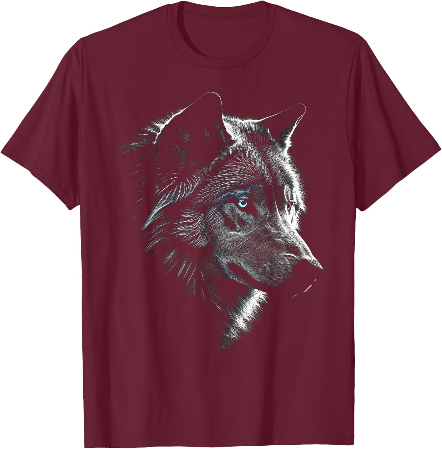 Wolf Portrait Blue Eyes - Artwork | Animal Motif Wolf T-Shirt - T-Shirt | Maroon