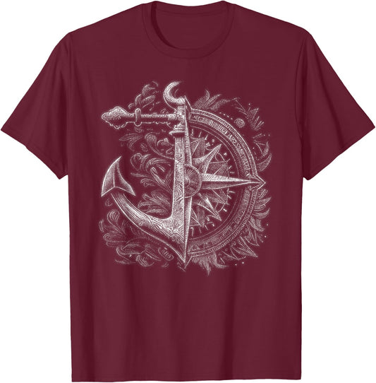 Compass and Anchor Boating Ocean sea Retro Vintage Sailor T-Shirt - T-Shirt | Maroon