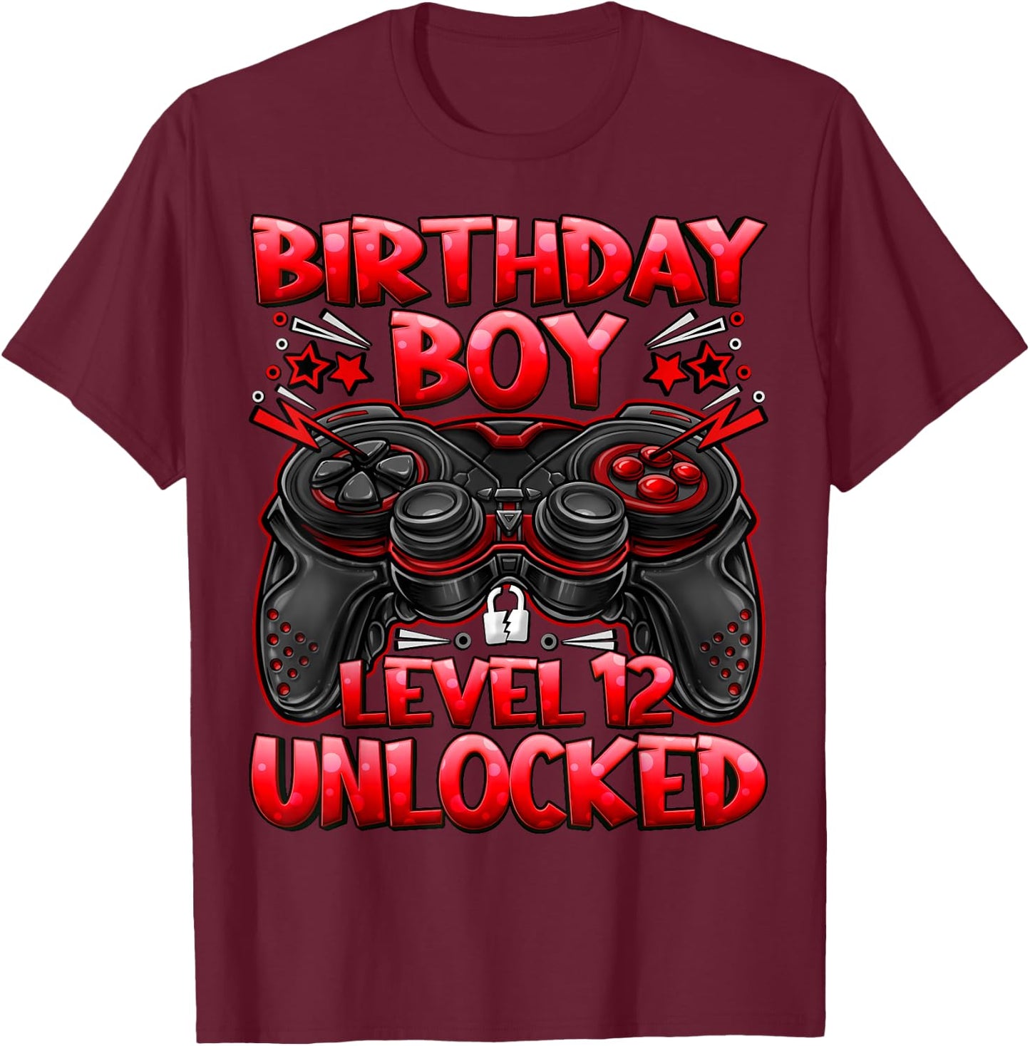 Birthday Boy Level 12 Unlocked 12th Birthday Gaming Gifts T-Shirt - T-Shirt | Maroon
