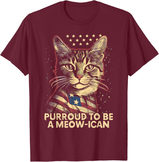 4th July Cat Lover, Purroud To Be A Meow-ican, American Cat Men Women Kids T-Shirt - T-Shirt | Maroon