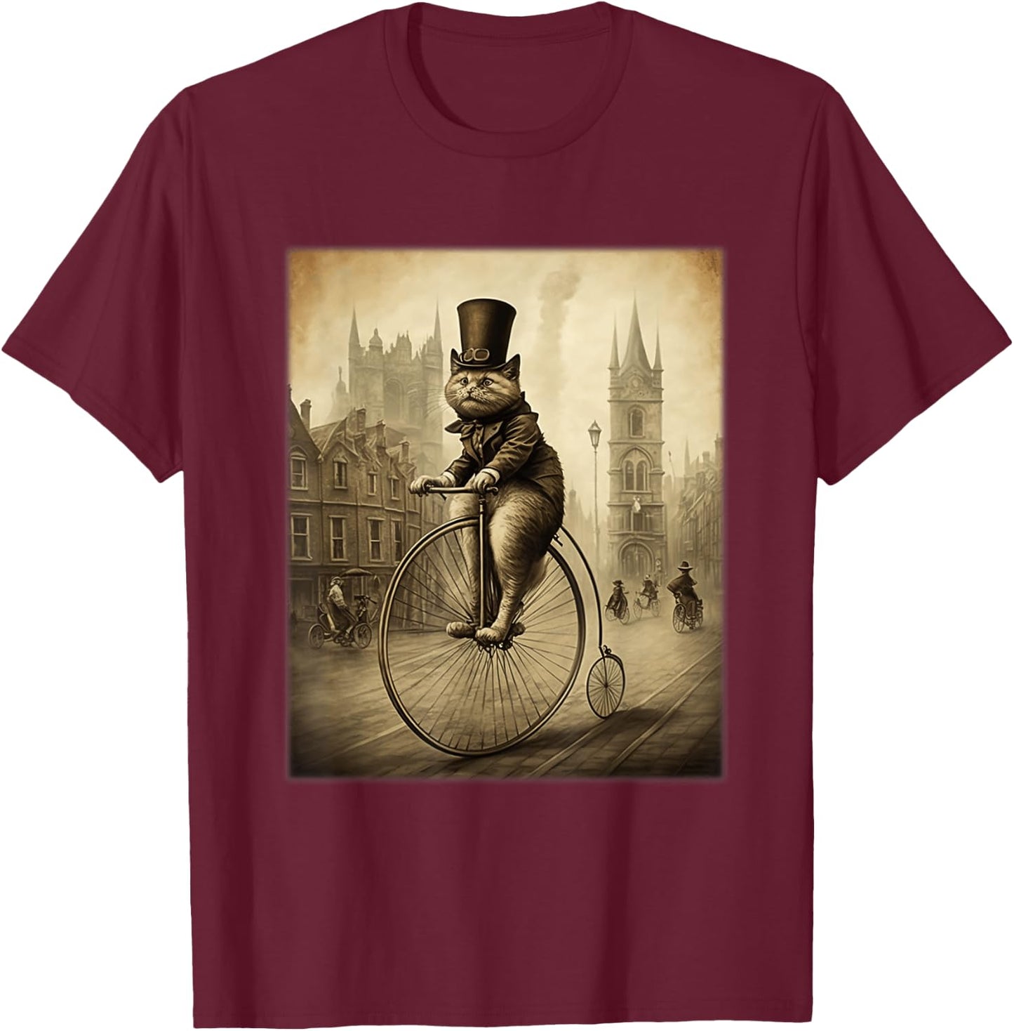 Funny Cat Top Hat Riding Penny Farthing Bicycle Cute Vintage Women Kids T-Shirt - T-Shirt | Maroon