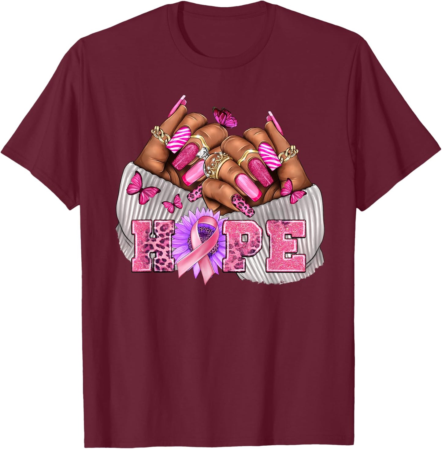 Black Woman Breast Cancer Nails Black Queen October HOPE T-Shirt - T-Shirt | Maroon