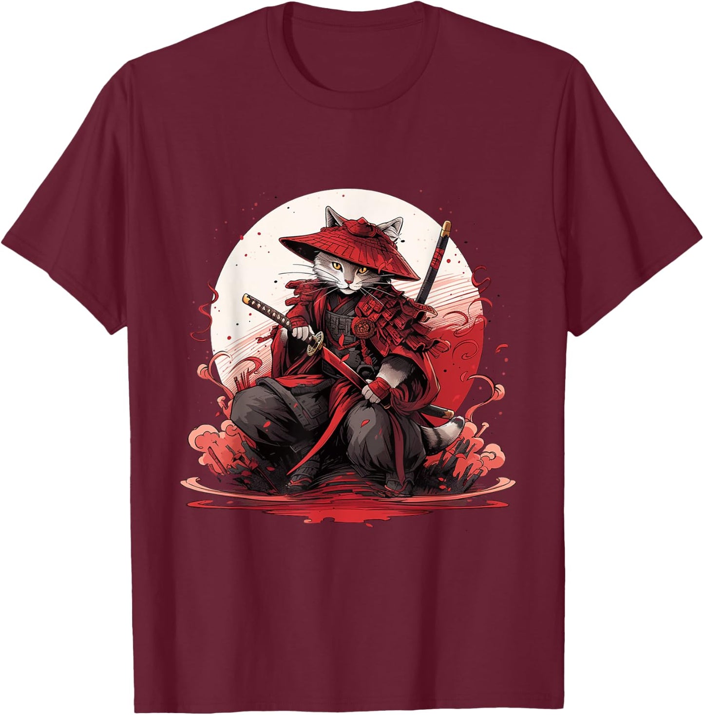 Japanese Art Cat Ninja Ukiyo-e Anime Style Samurai Cat Women Girls Kids T-Shirt - T-Shirt | Maroon