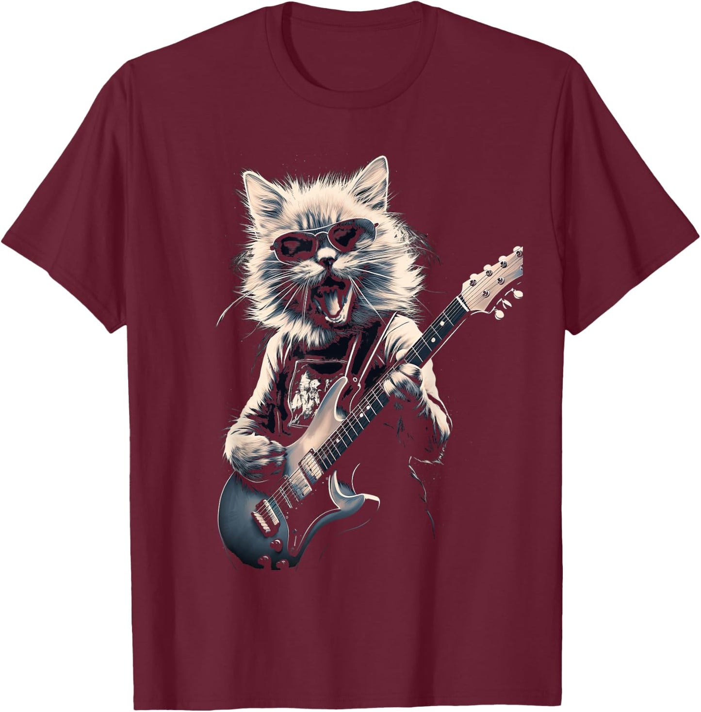 Cat Playing Bass Guitar Guitarist Rocker Cool T-Shirt - T-Shirt | Maroon