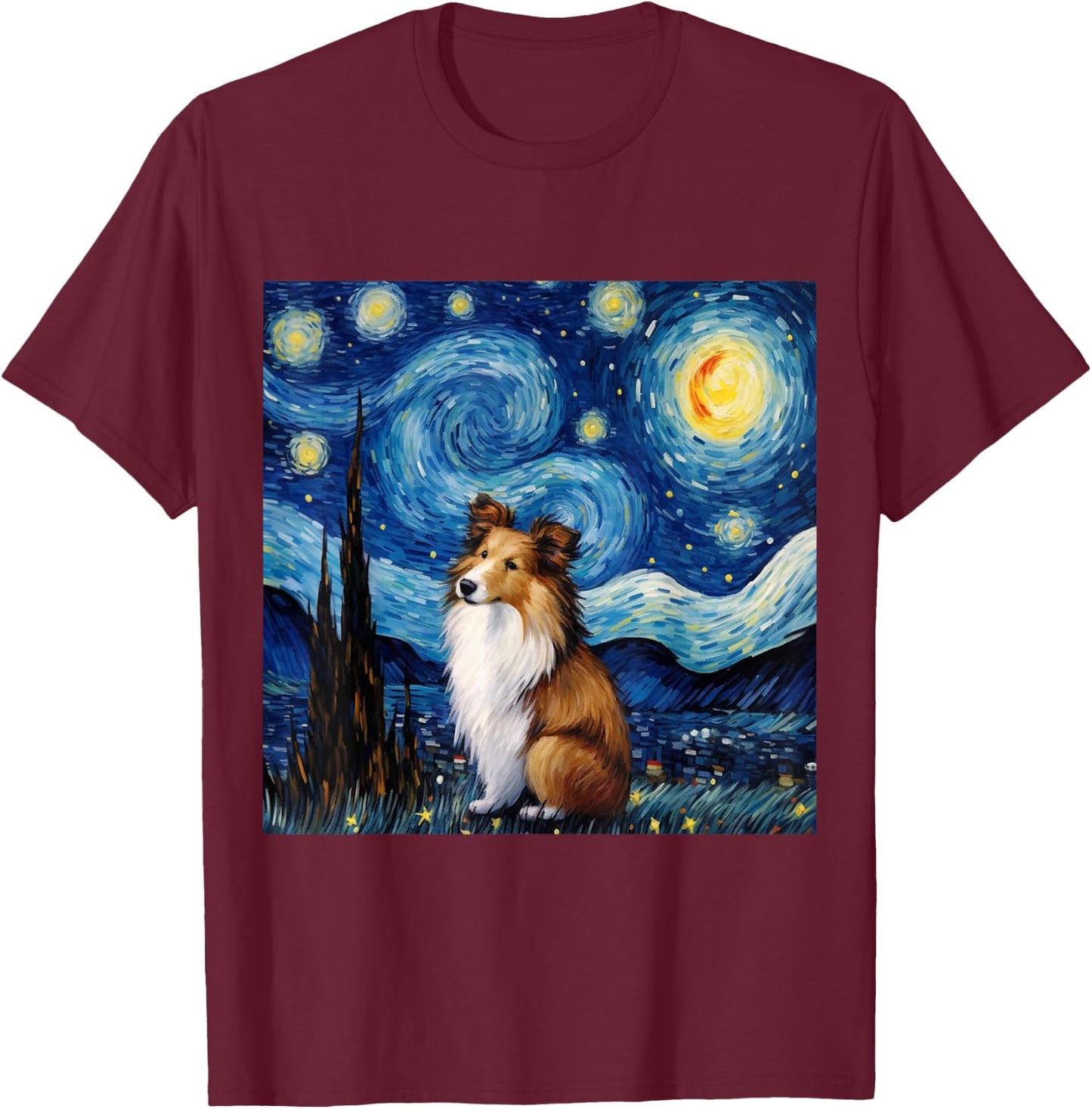 Sheltie Starry Night - Sheltie T-Shirt - T-Shirt | Maroon