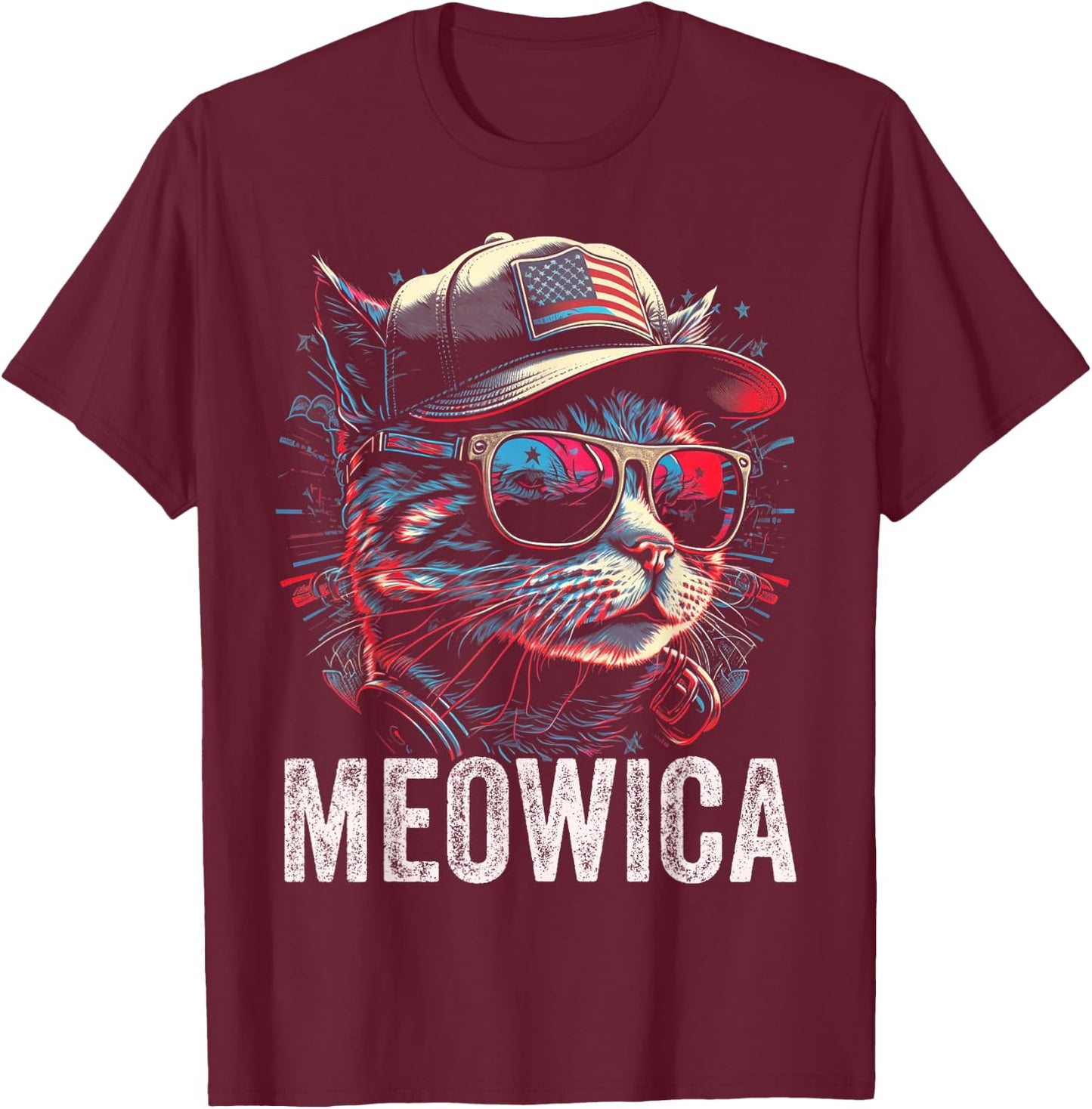 Meowica 4th of July Cat American Flag America USA Funny T-Shirt - T-Shirt | Maroon