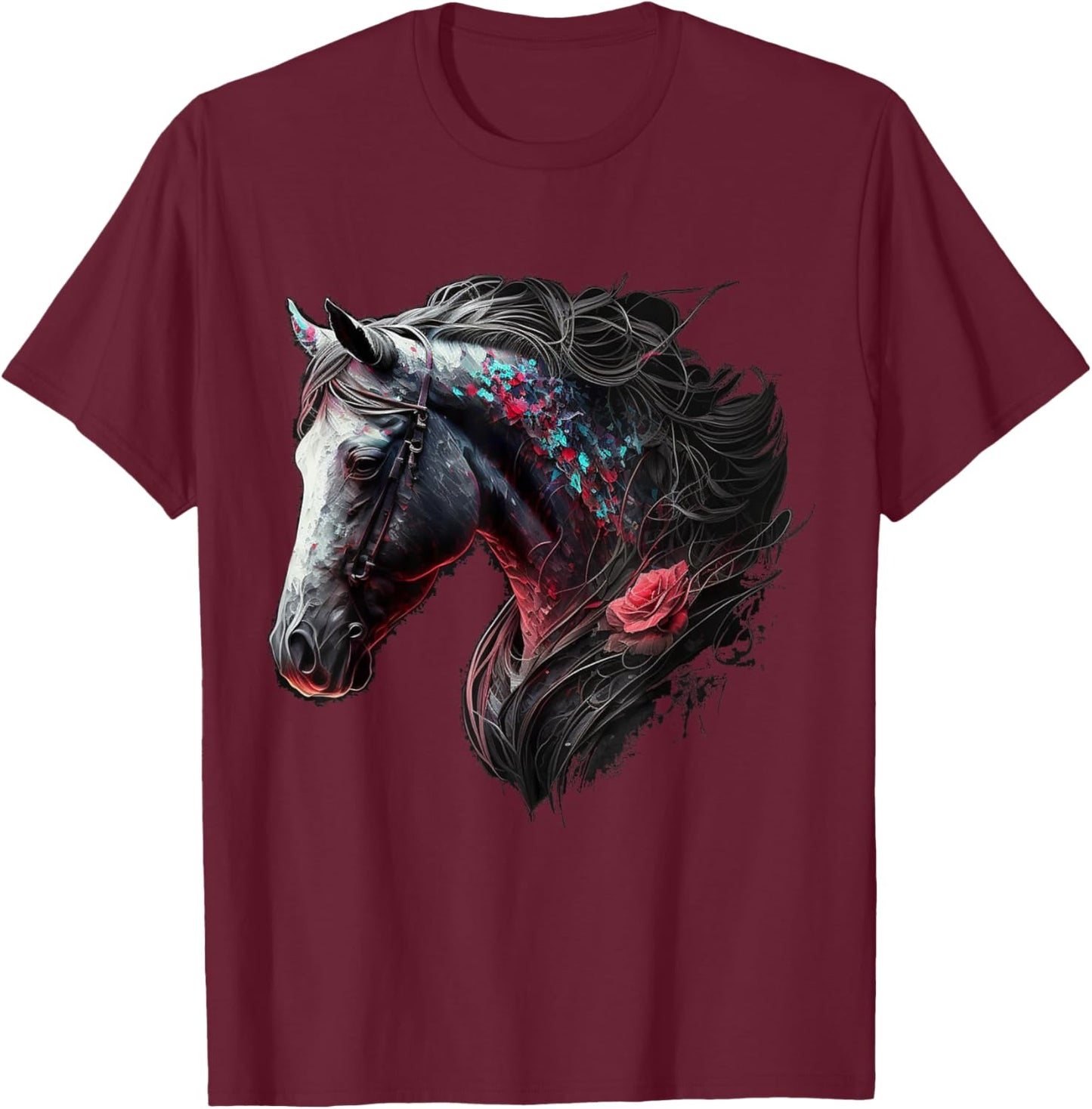 Horse Colourful Flowers Art Animal Print Horse Motif T-Shirt - T-Shirt | Maroon