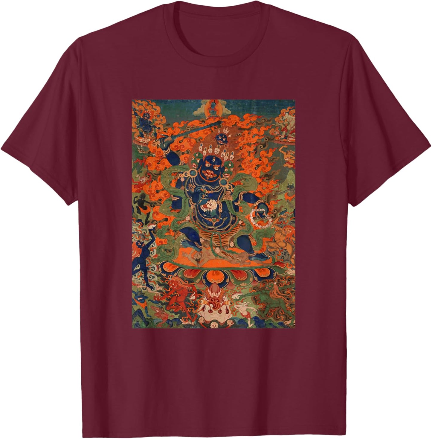 Four Faced Mahakala Tibetan Buddhist Thangka Buddhism T-Shirt - T-Shirt | Maroon