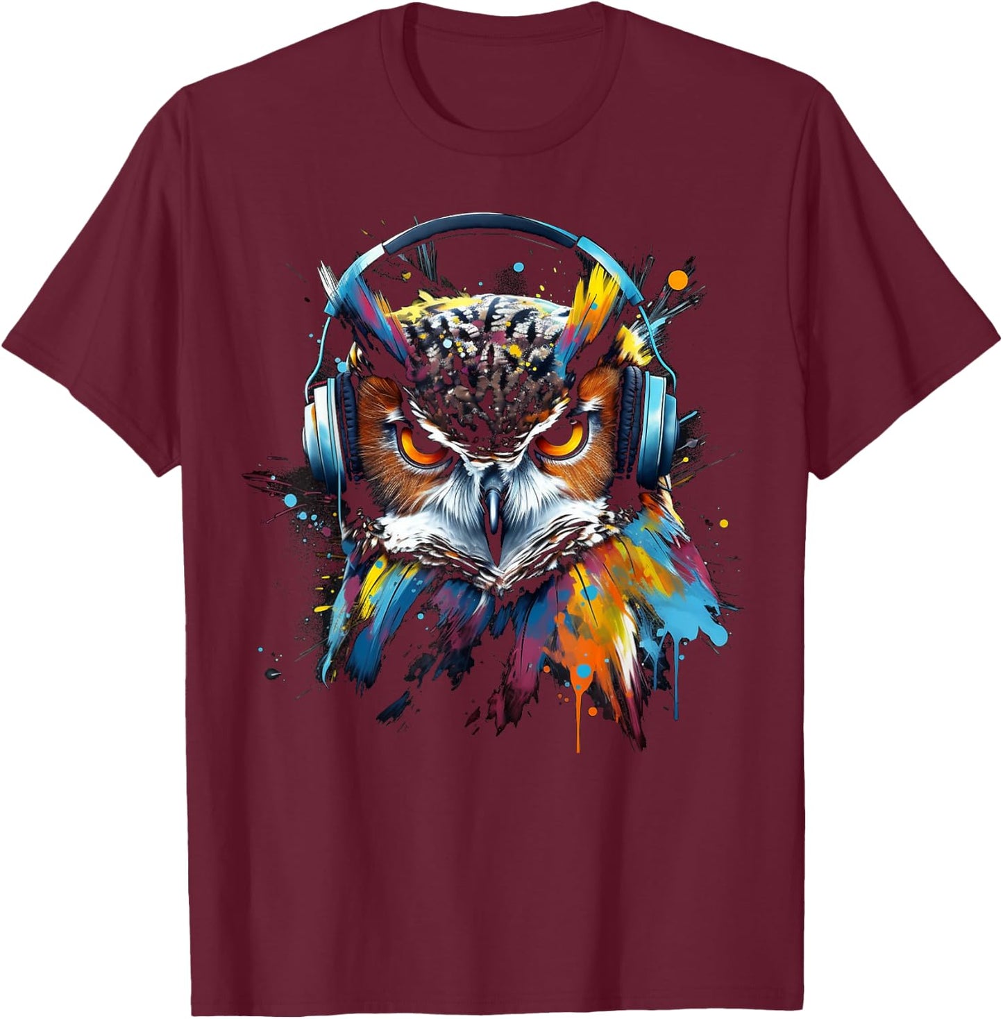 Owl Music Colourful Bird Headphones Art Animal Owl T-Shirt - T-Shirt | Maroon