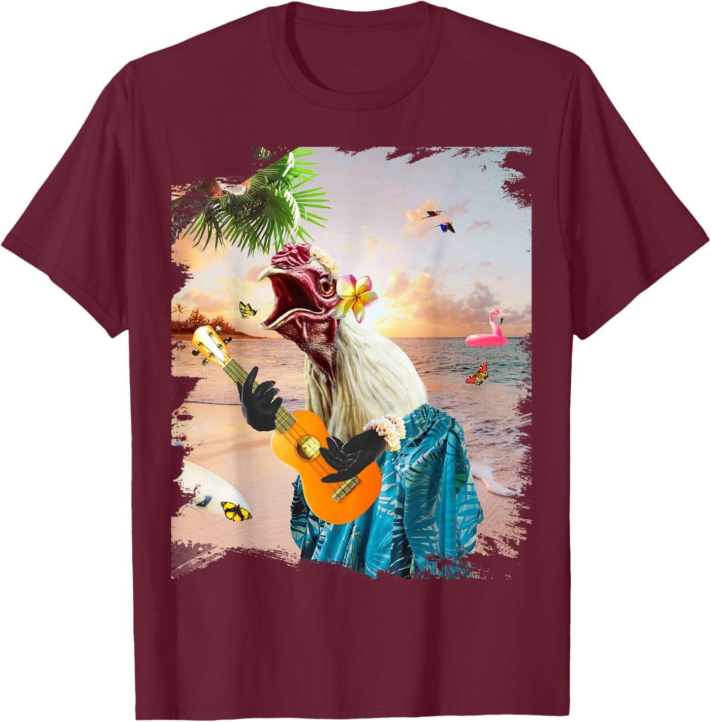 Aloha Hawaiian Chicken Playing Ukulele Beach Funny T-Shirt - T-Shirt | Maroon