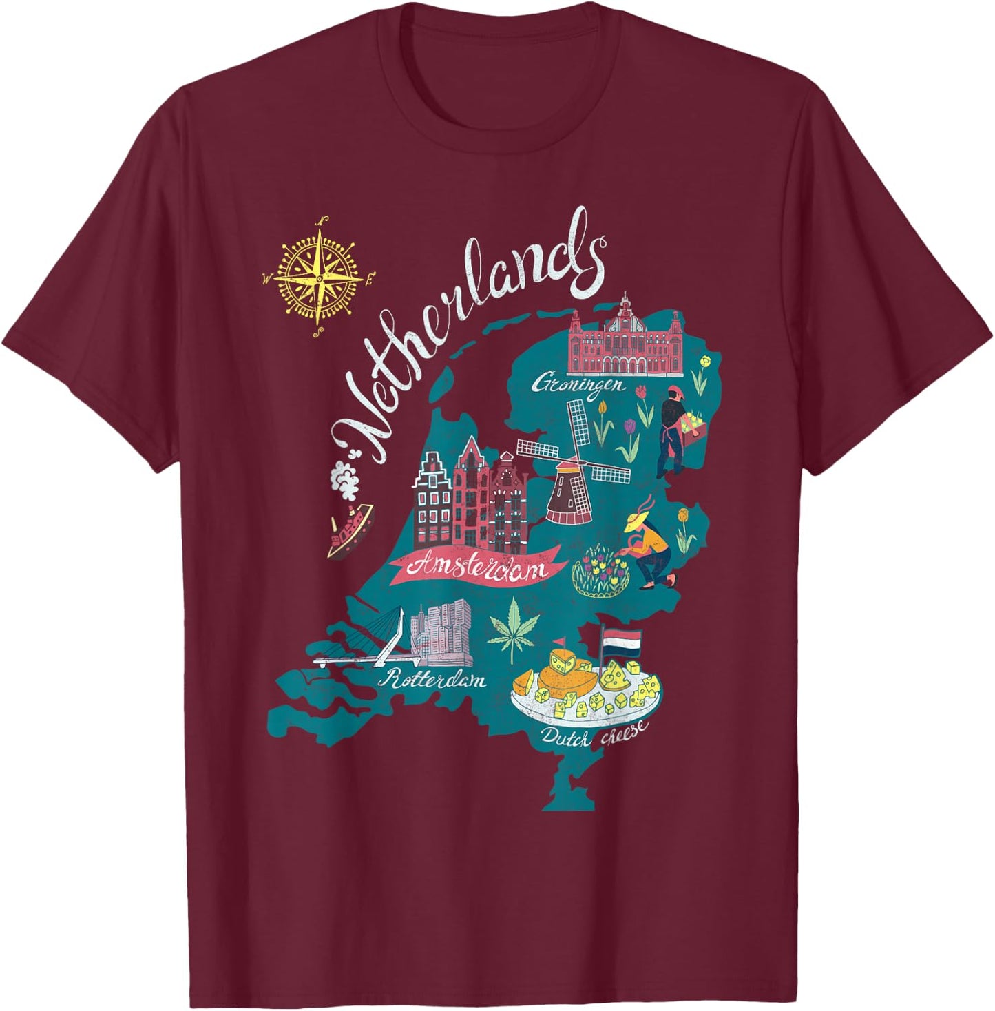 Europe Netherlands Map Holland Amsterdam Vacation Souvenir T-Shirt - T-Shirt | Maroon