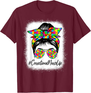 Correctional Nurse Messy Bun Supporting Autism Awareness T-Shirt - T-Shirt | Maroon