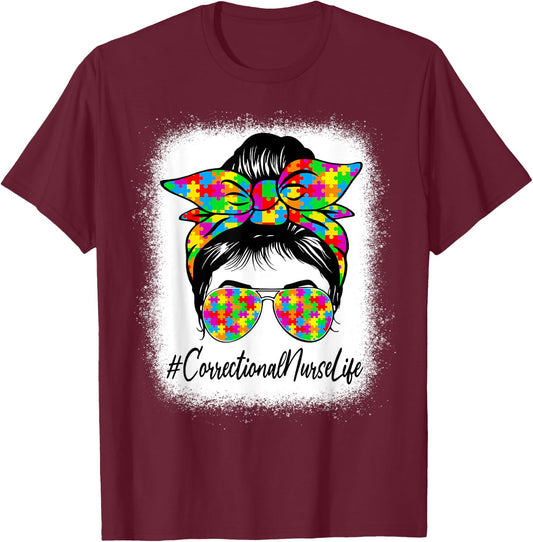 Correctional Nurse Messy Bun Supporting Autism Awareness T-Shirt - T-Shirt | Maroon