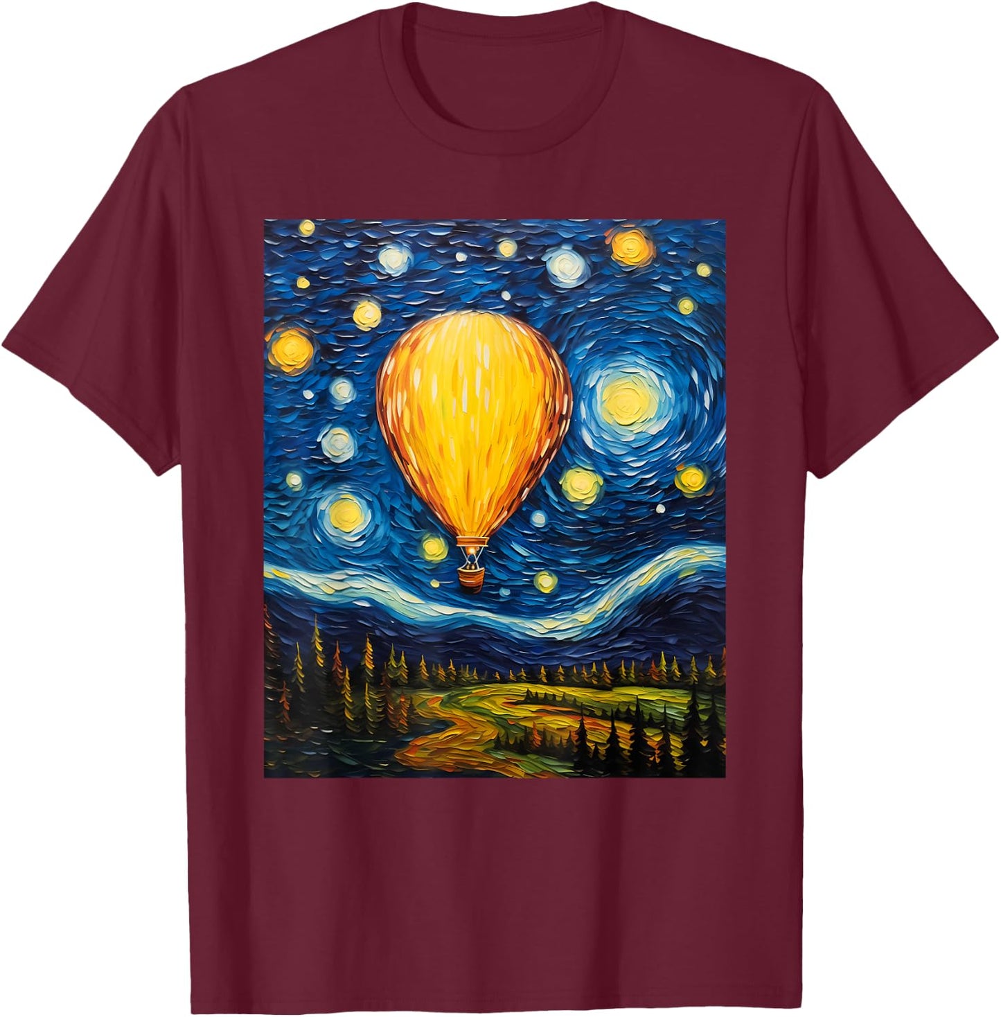 Surrealism Starry Night Hot Air Balloon T-Shirt - T-Shirt | Maroon