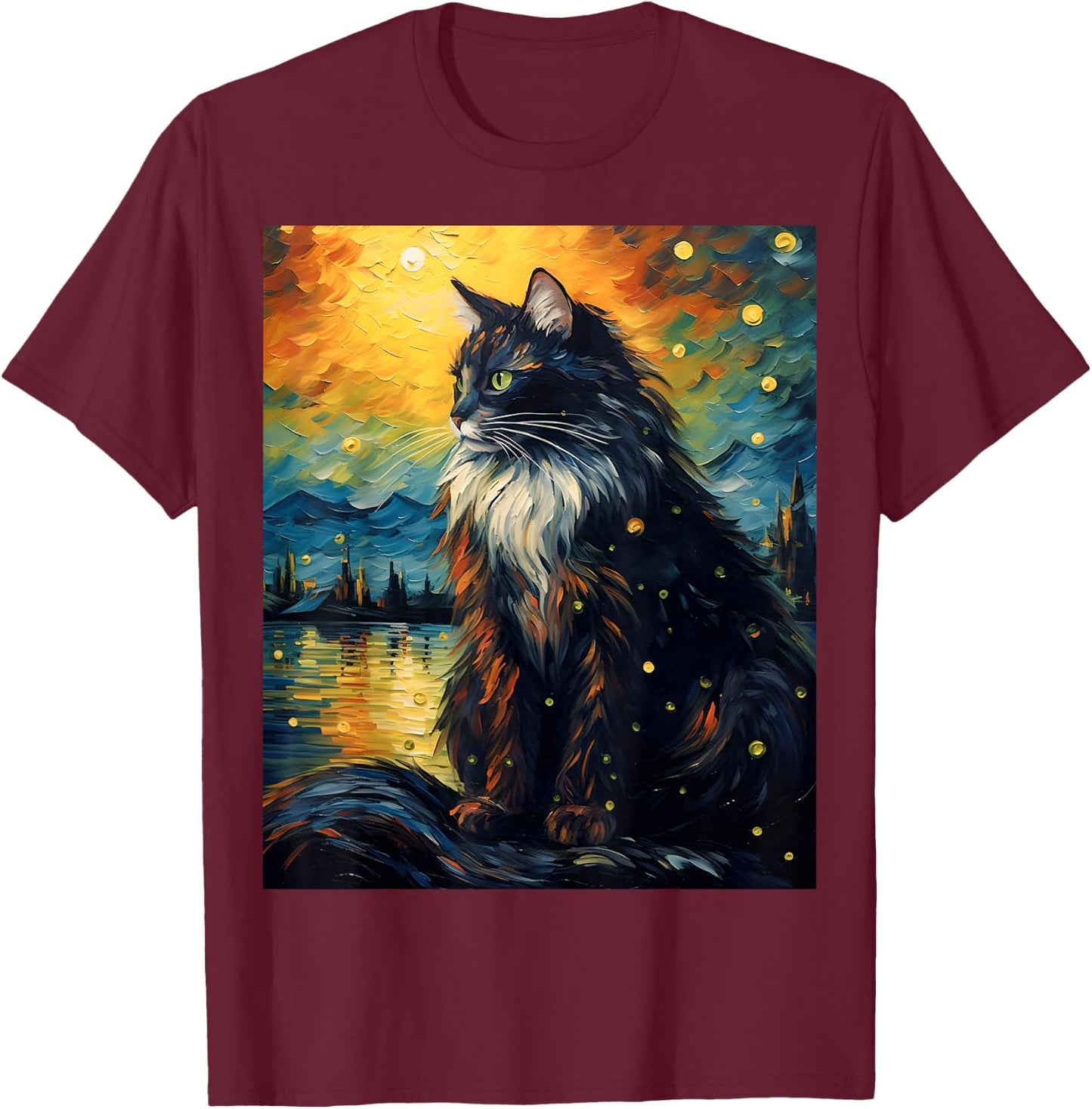 Surreal Starry Night Norwegian Forest Cat Men Women Girls Kids T-Shirt - T-Shirt | Maroon