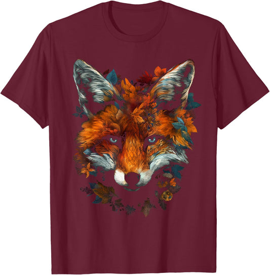 Fox Artwork Autumn Leaves - Art Animal Fox T-Shirt - T-Shirt | Maroon