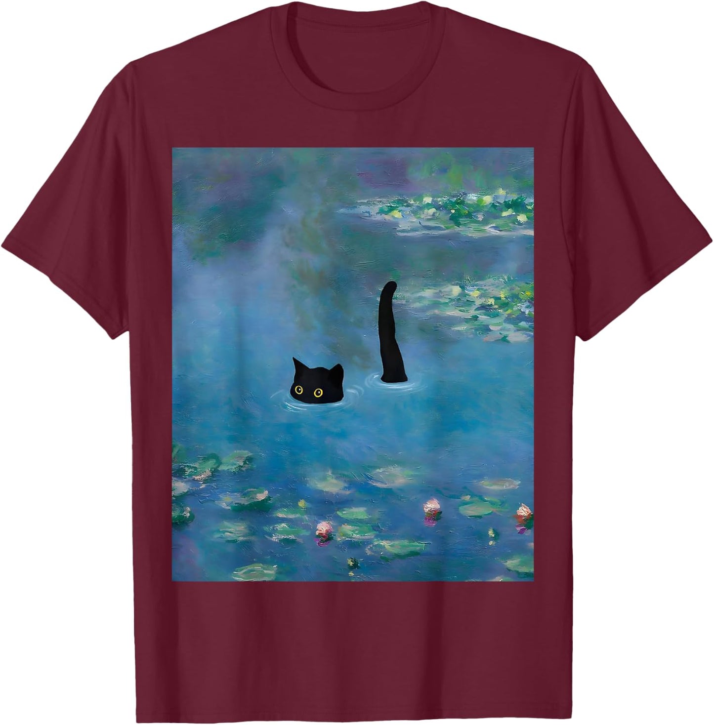 Black Cat Monets Waterlily T-Shirt - T-Shirt | Maroon