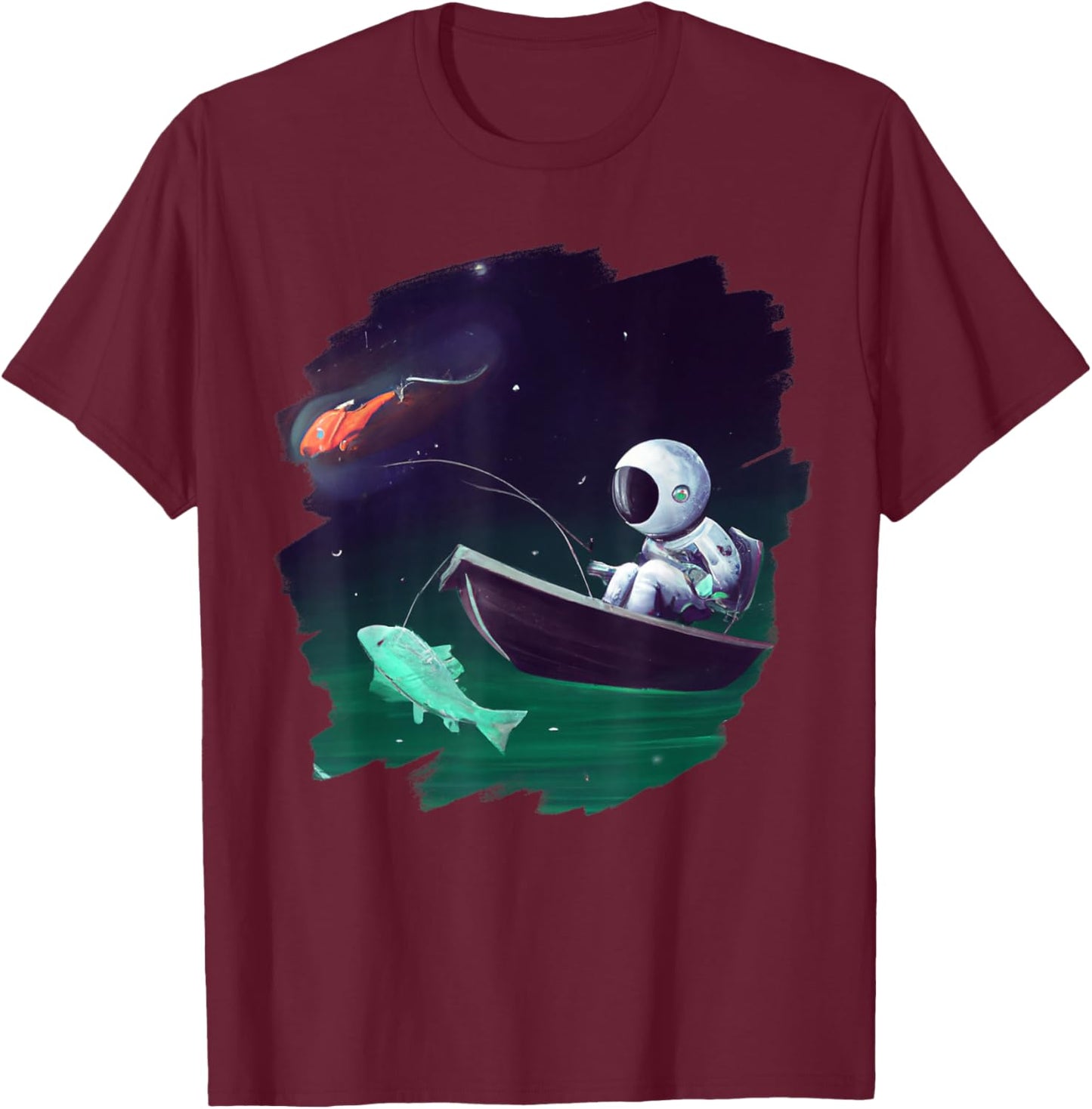 Astronaut Fishing Boat Space Ocean Lake Cool Fish Artistic T-Shirt - T-Shirt | Maroon