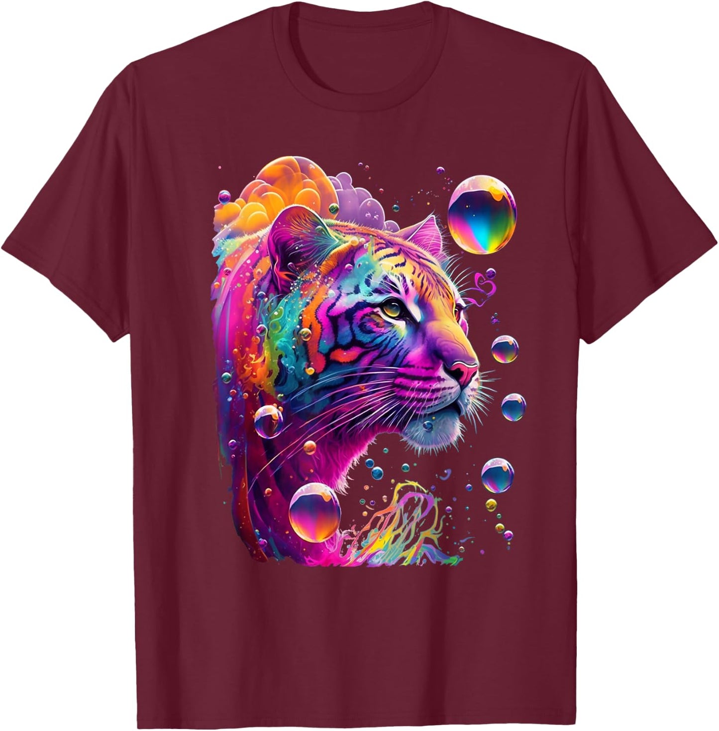 Colorful Rainbow Tiger Graphic T-Shirt - T-Shirt | Maroon