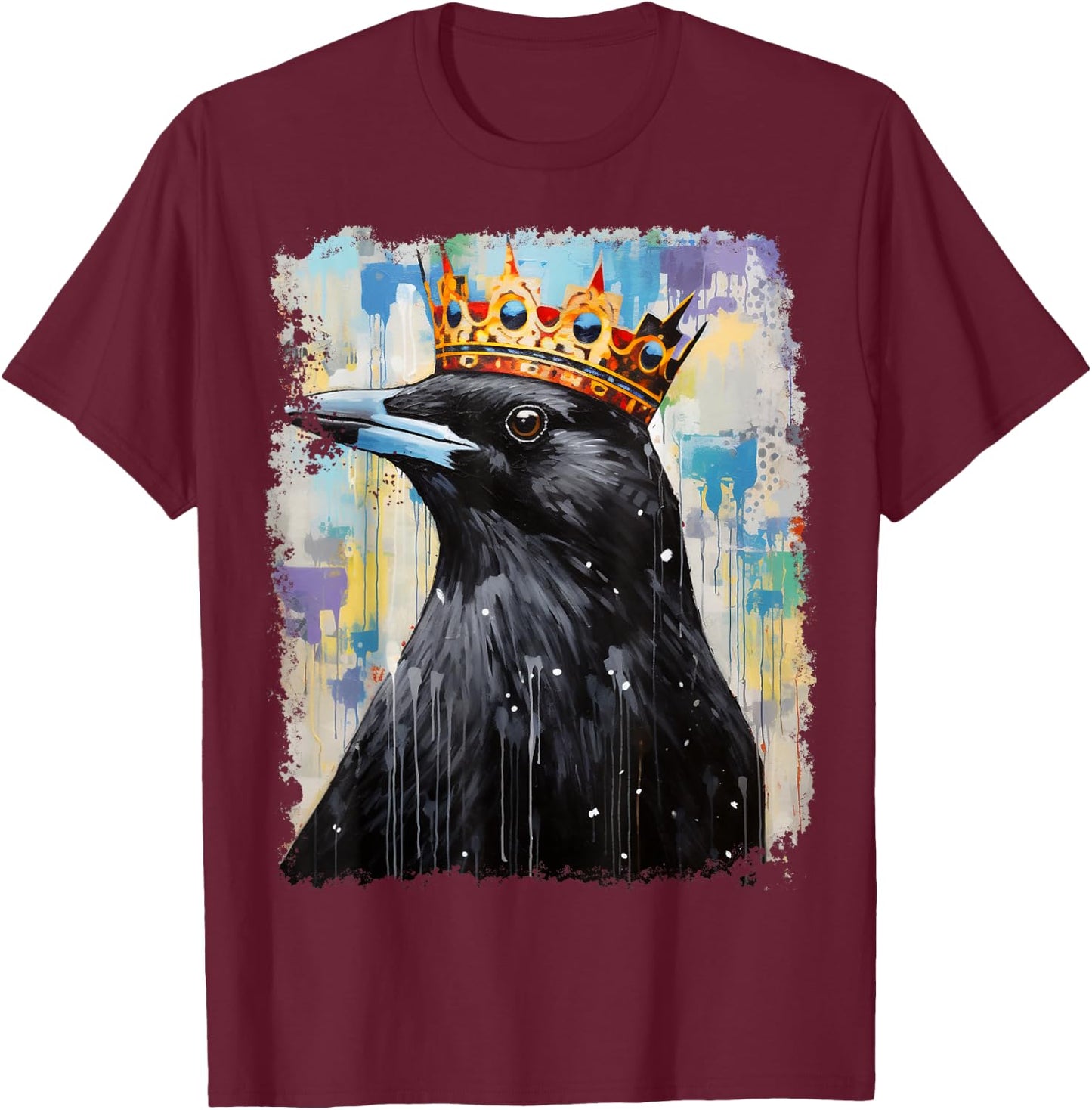 Pop Art Colorful Crow Raven King Queen Crown T-Shirt - T-Shirt | Maroon