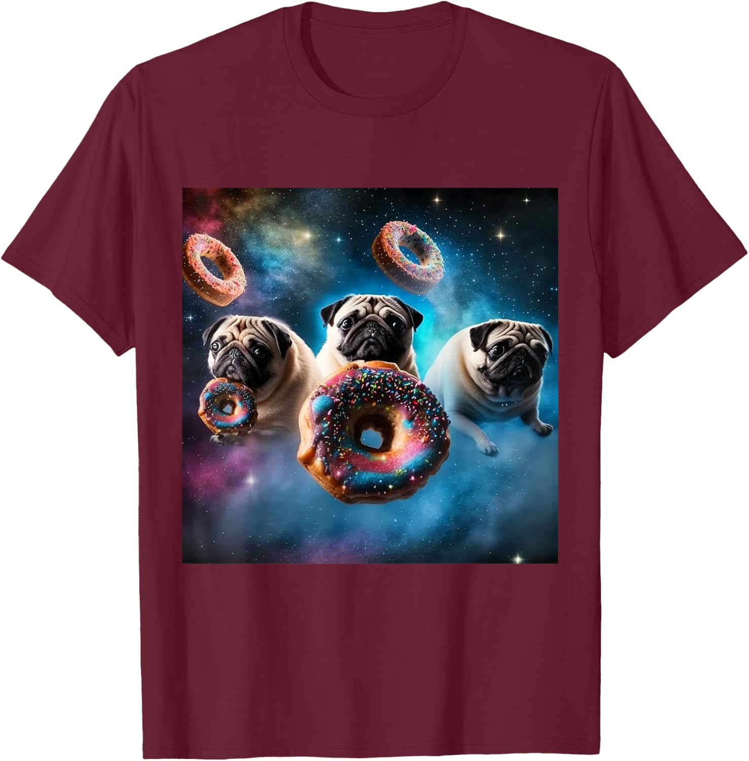 Pugs in Space with Donuts Cute Pug Boys Girls Men Women T-Shirt - T-Shirt | Maroon