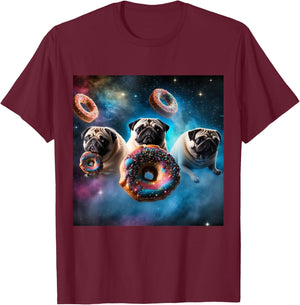 Pugs in Space with Donuts Cute Pug Boys Girls Men Women T-Shirt - T-Shirt | Maroon