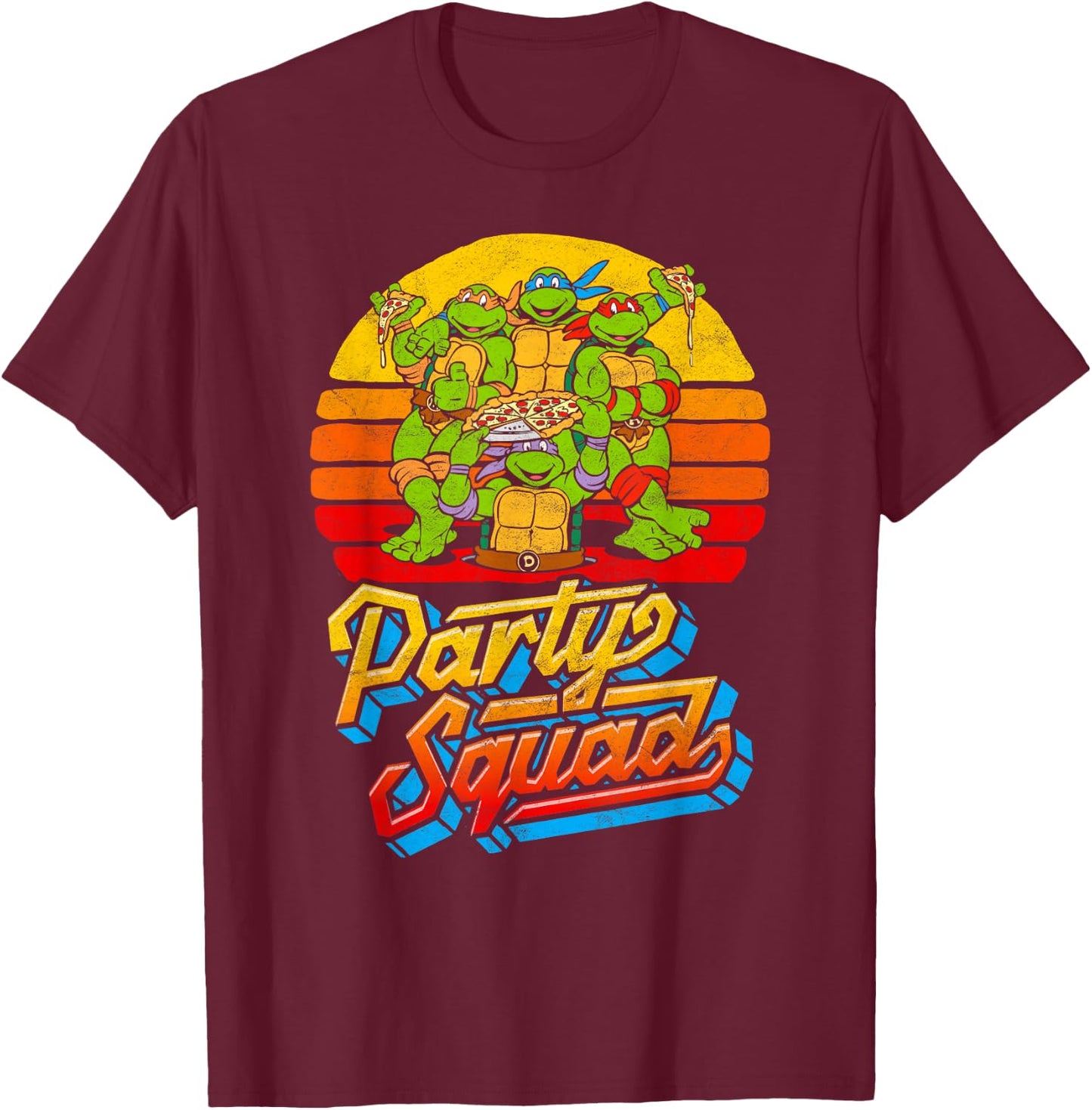 Party Squad! TMNT Vintage 80s Pizza Friends Distressed T-Shirt - T-Shirt | Maroon