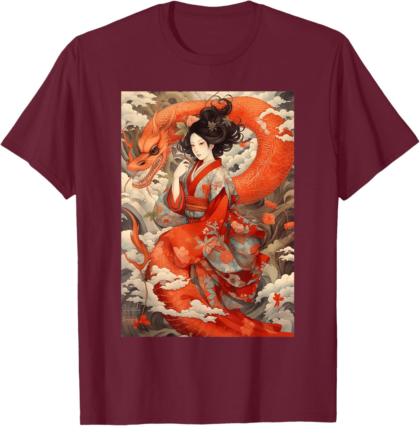 Japanese Geisha Kawaii In Kimono Dragon Japan T-Shirt - T-Shirt | Maroon