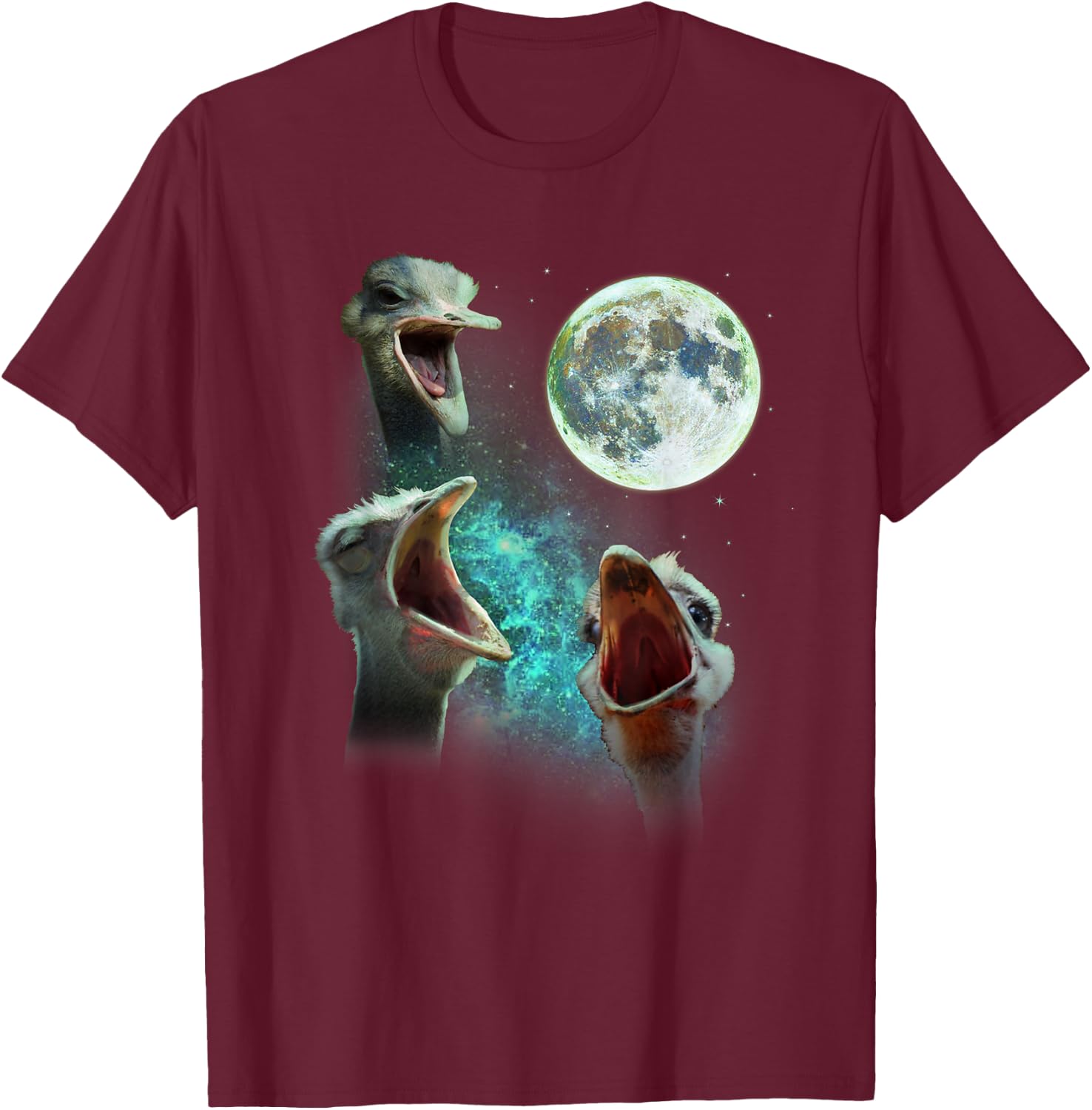Three Ostriches Howl At Moon 3 Wolfs Wolves Fun Parody T-Shirt - T-Shirt | Maroon