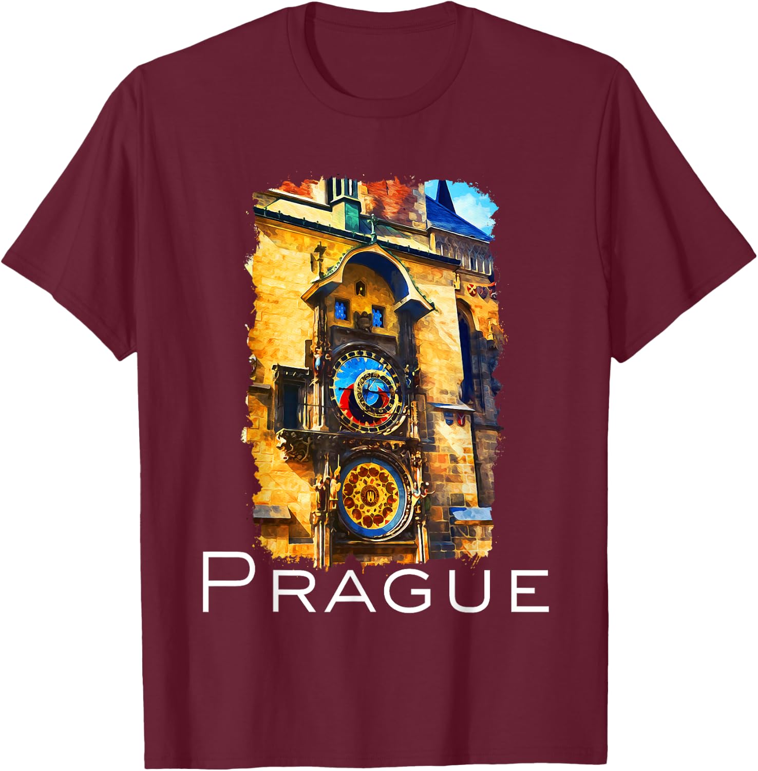Prague Czech Republic Souvenir Astronomical Clock Prague T-Shirt - T-Shirt | Maroon