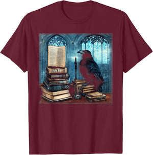 Gothic Art Raven Sitting On A Stack of Old Books T-Shirt - T-Shirt | Maroon