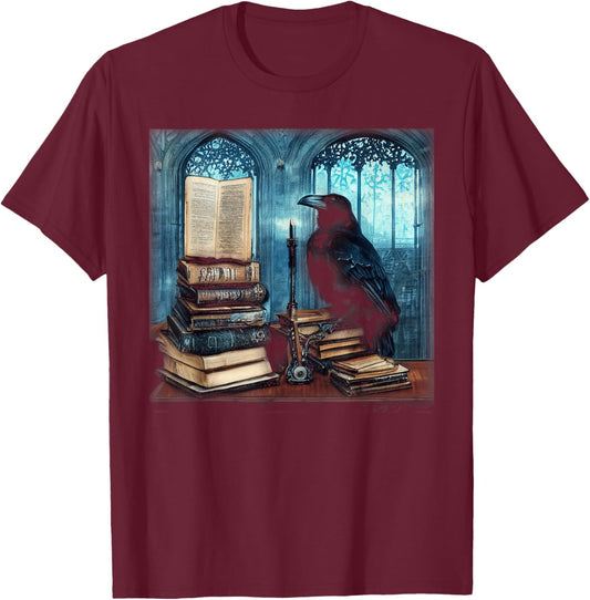 Gothic Art Raven Sitting On A Stack of Old Books T-Shirt - T-Shirt | Maroon