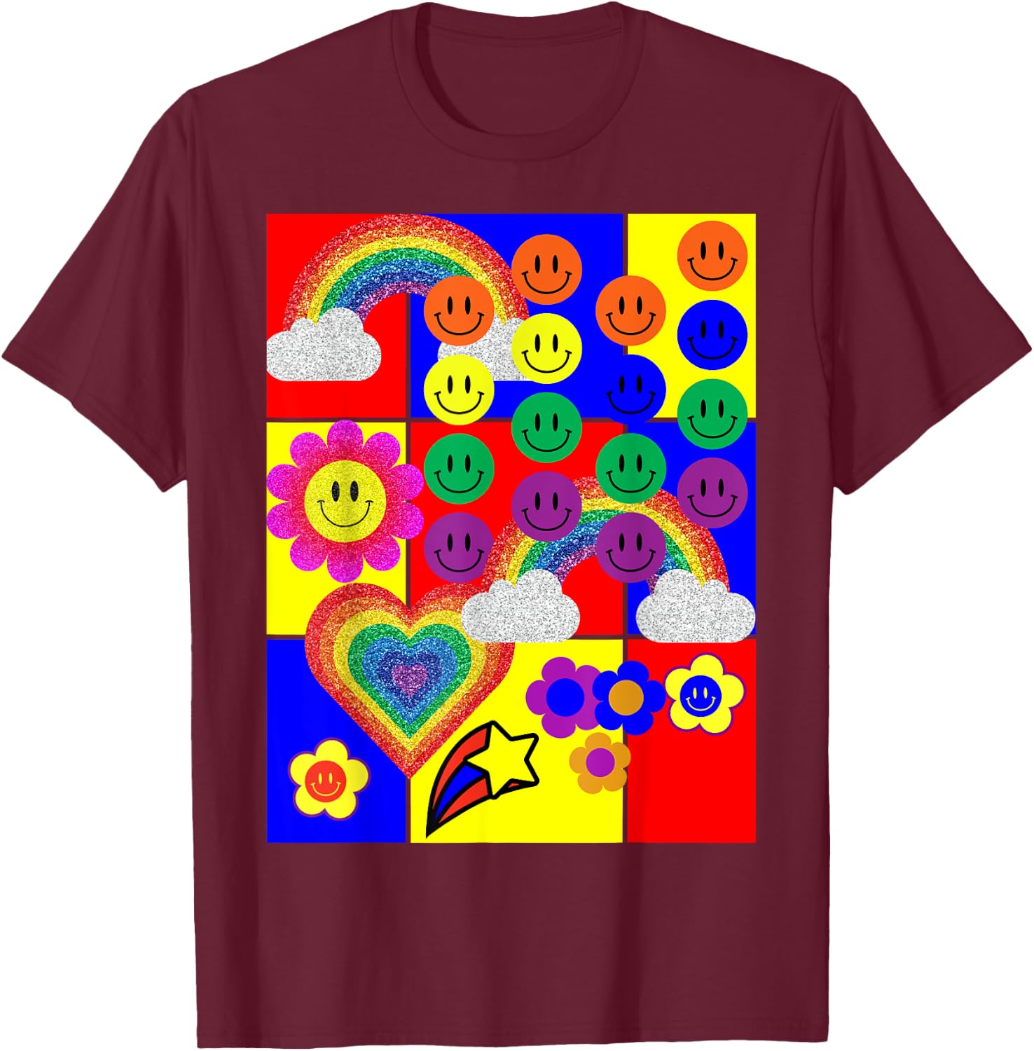 Kidcore Flower Heart Faces T-Shirt - T-Shirt | Maroon