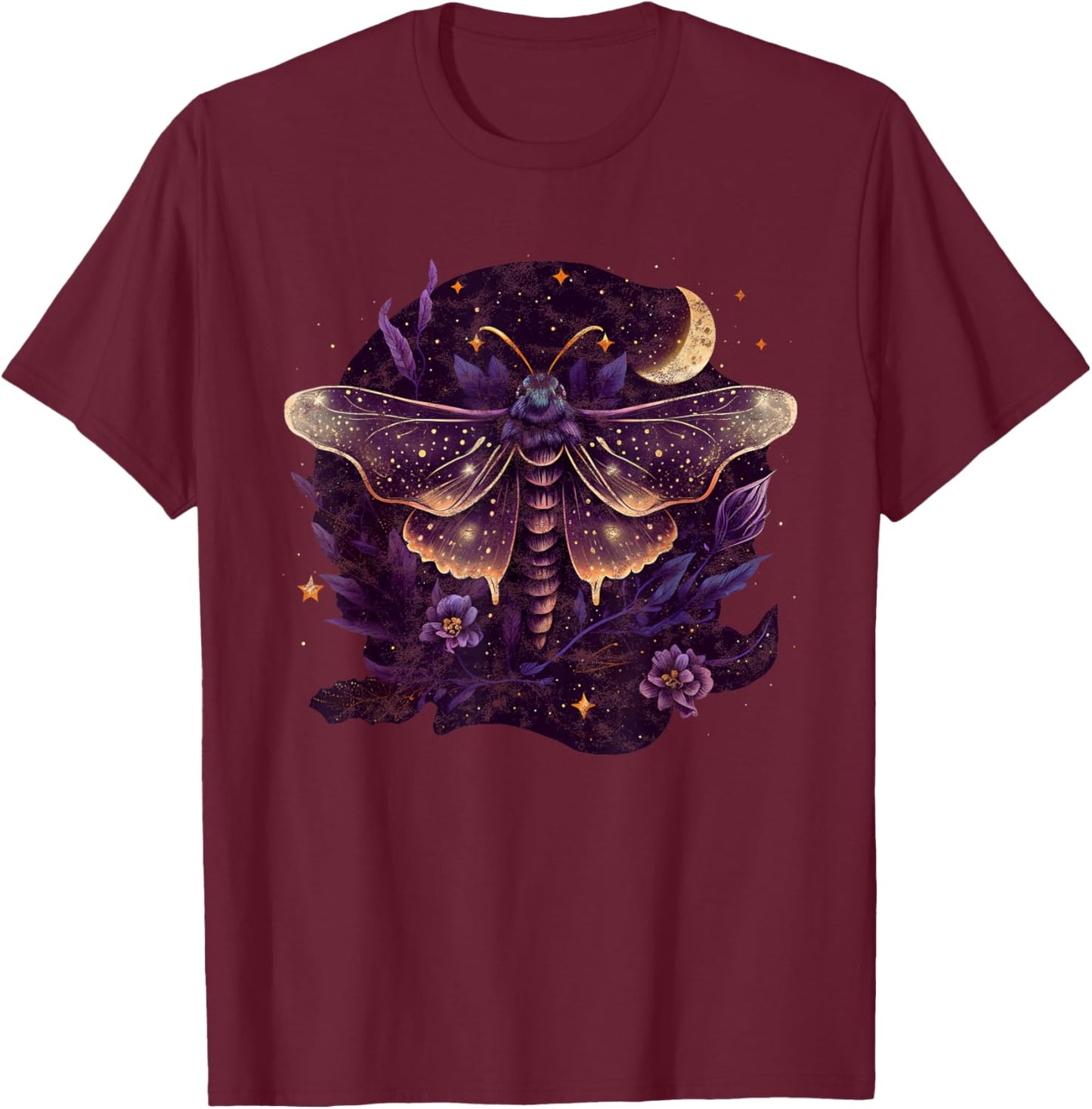 Moth, moon, butterfly, flowers, stars, night, queen, gothic T-Shirt - T-Shirt | Maroon