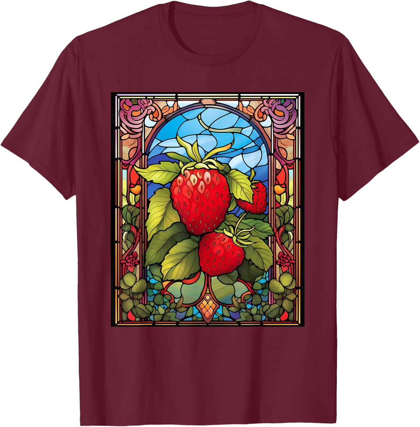 Stained Glass Style Strawberry T-Shirt - T-Shirt | Maroon