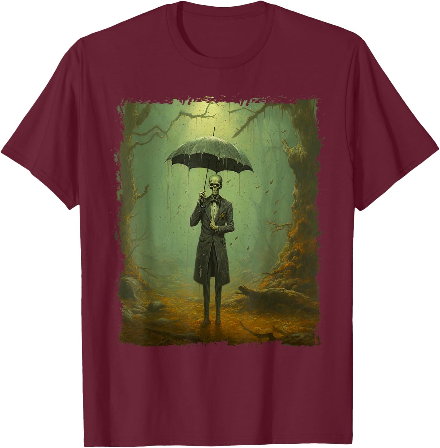 Skeleton in the Rain – Vintage Goth Halloween T-Shirt - T-Shirt | Maroon