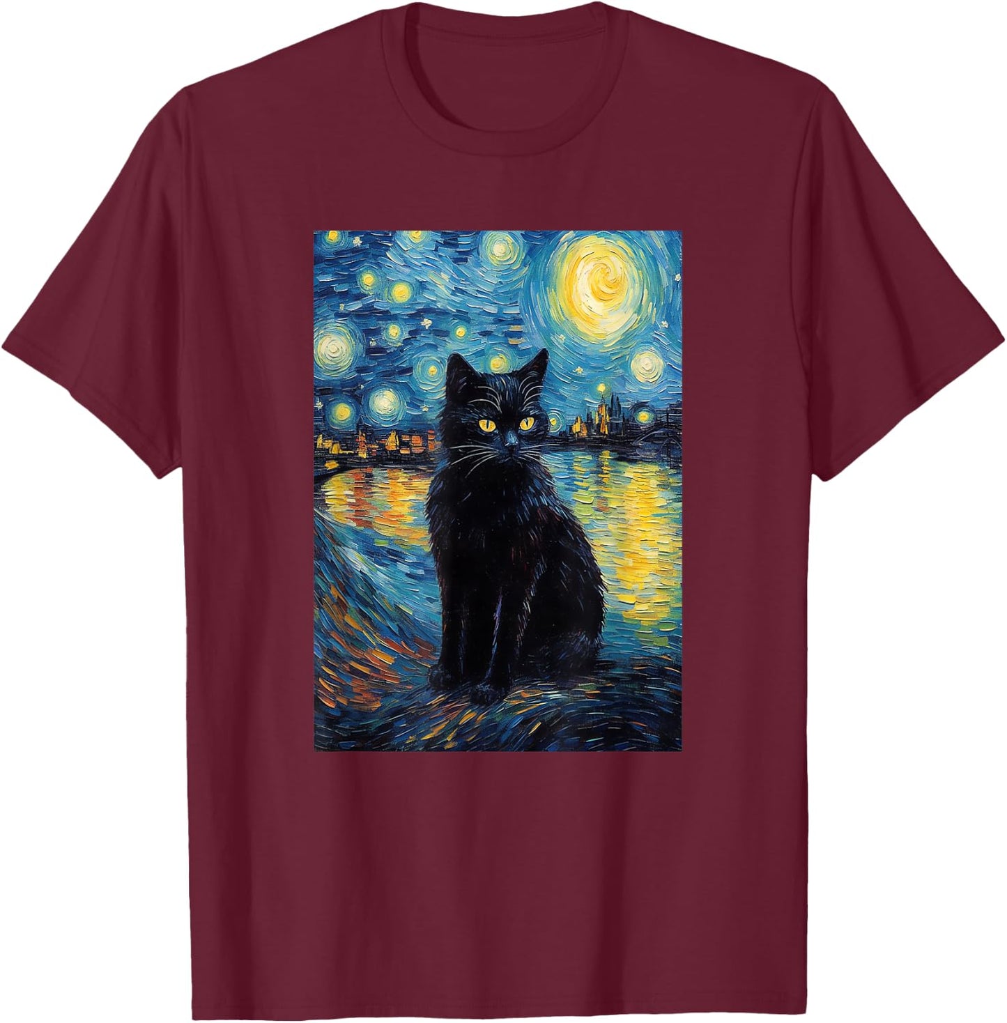 black cat Painting art Starry Night kitty kitten Van Gogh T-Shirt - T-Shirt | Maroon
