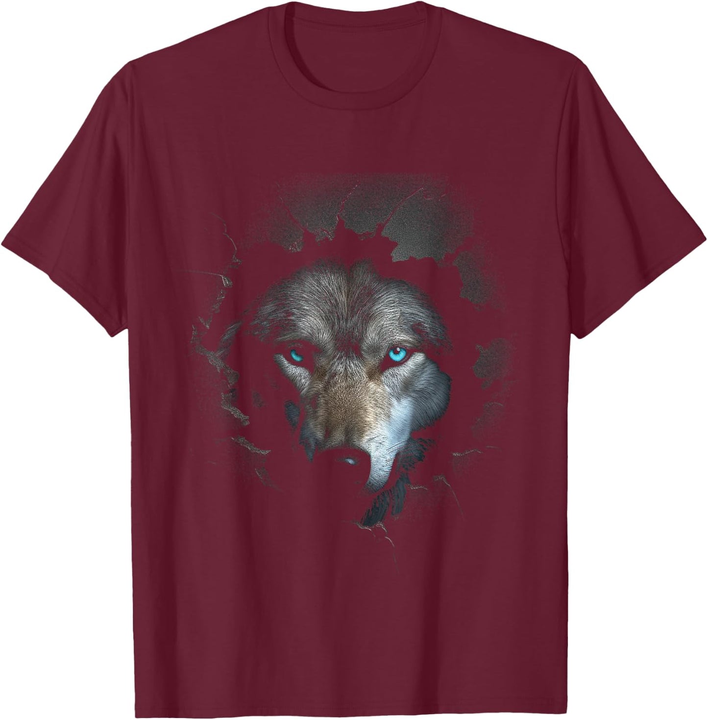 Wolf Blue Eyes Artwork | Wall Animal Motif Wolf T-Shirt - T-Shirt | Maroon