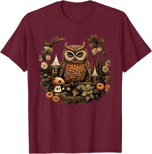 Cottagecore Owl Aesthetic Mushroom Outfit T-Shirt - T-Shirt | Maroon