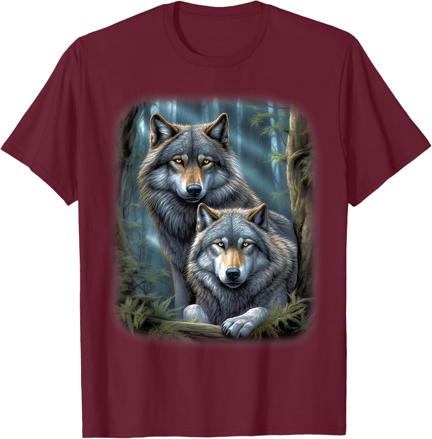 Wolf Wolves in Forest by Night Moon Fantasy Art Wildlife T-Shirt - T-Shirt | Maroon