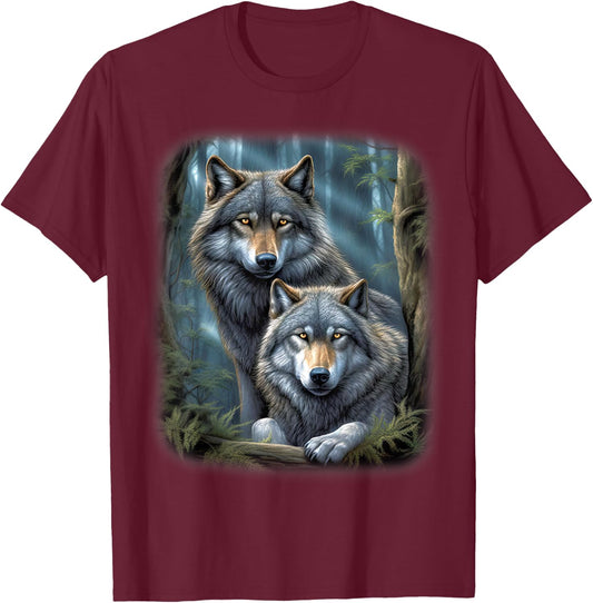 Wolf Wolves in Forest by Night Moon Fantasy Art Wildlife T-Shirt - T-Shirt | Maroon