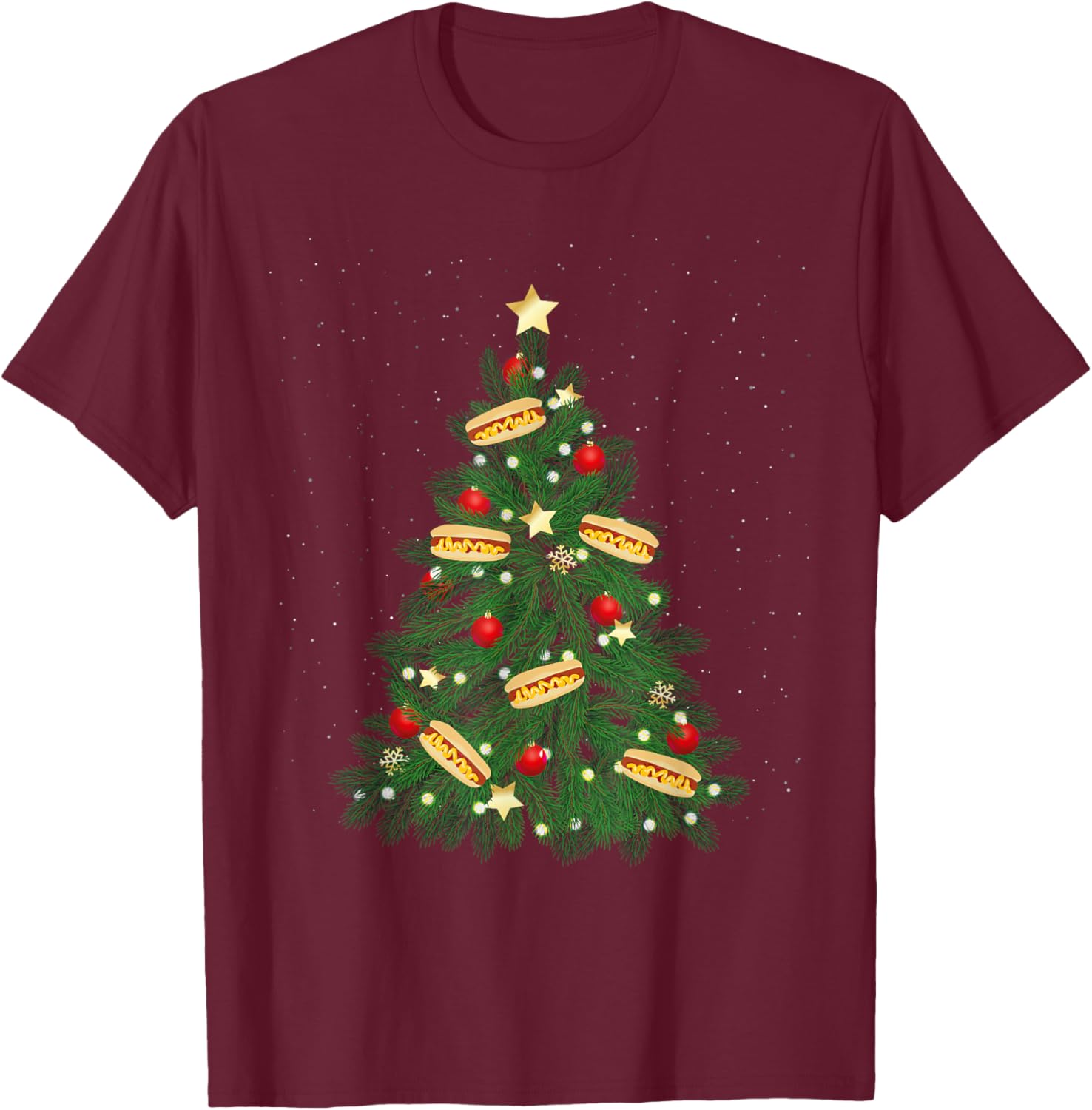 Hot Dog Adult Christmas Tree T-Shirt - T-Shirt | Maroon