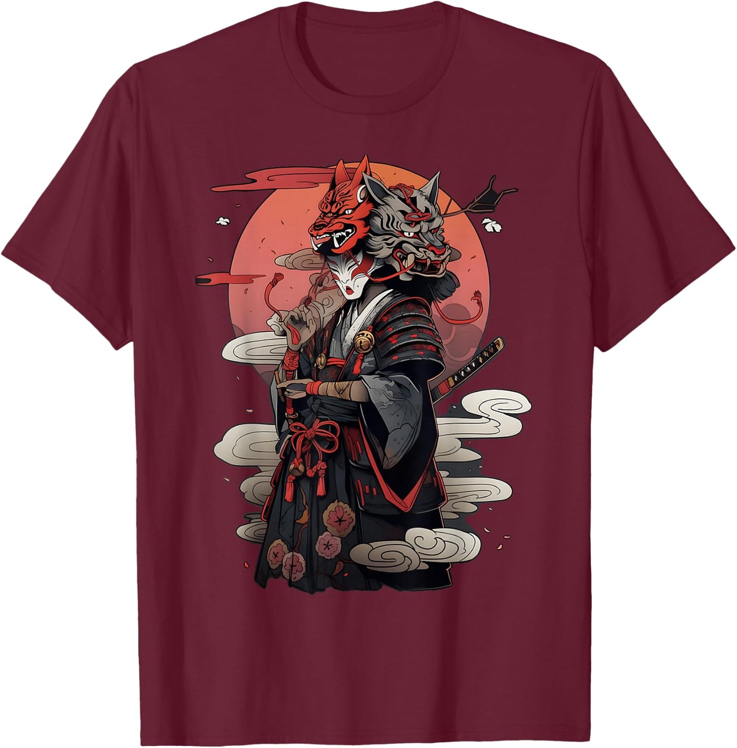 Samurai Strength And Courage Design With Animal Heads T-Shirt - T-Shirt | Maroon