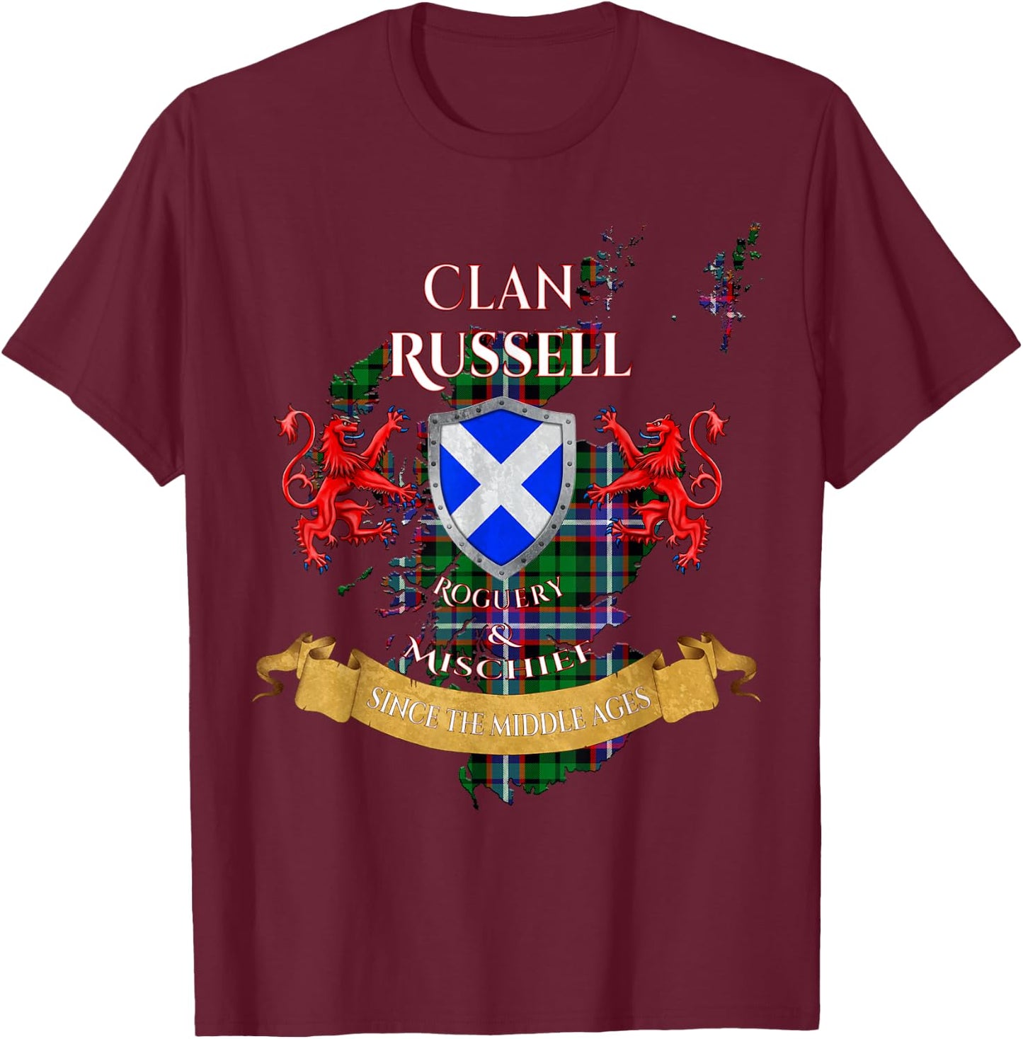 Russell Scottish Family Clan Middle Ages Mischief T-Shirt - T-Shirt | Maroon