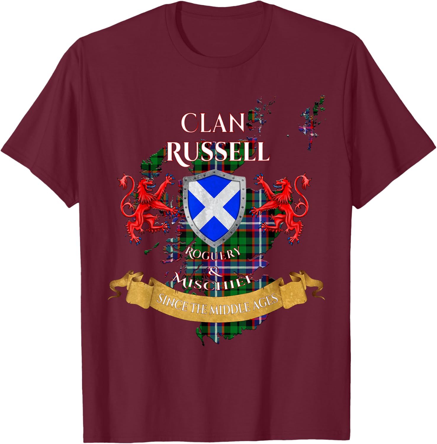 Russell Scottish Family Clan Middle Ages Mischief T-Shirt - T-Shirt | Maroon